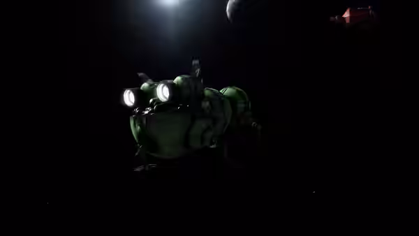 green Starbug spacecraft flying alone through deep space at night