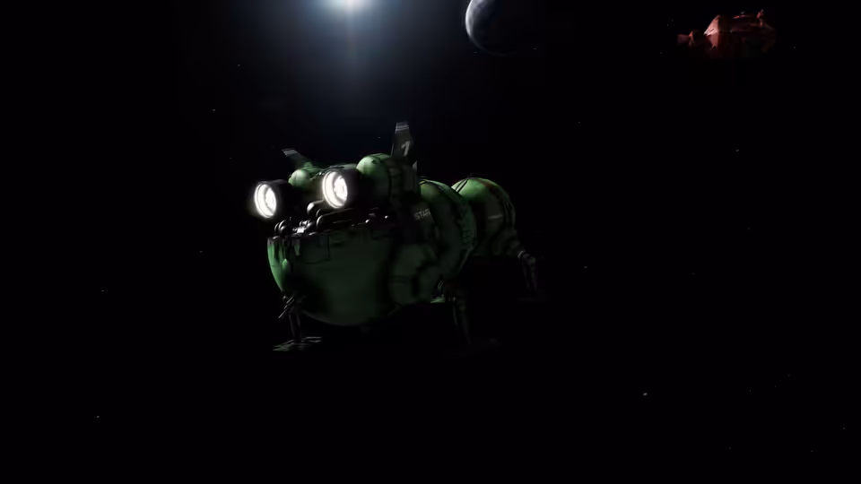 green Starbug spacecraft flying alone through deep space at night