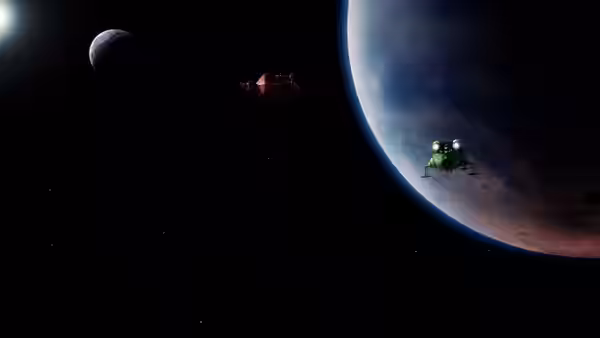 green Starbug spacecraft flying near a large planet in space