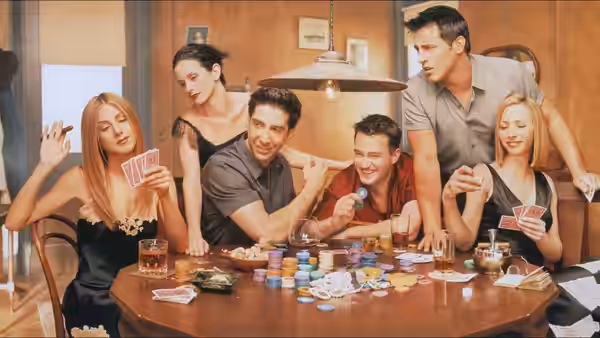 Phoebe (Lisa Kudrow), Monica (Courteney Cox), Chandler (Matthew Perry), Ross (David Schwimmer), Joey (Matt LeBlanc) and Rachel (Jennifer Aniston) play cards