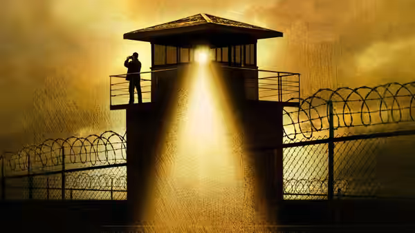 Silhouetted guard tower with bright light over barbed wire fence