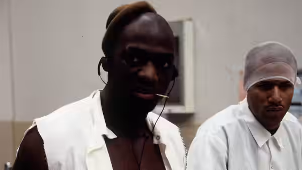 Two men in white shirts stand together in a prison medical area