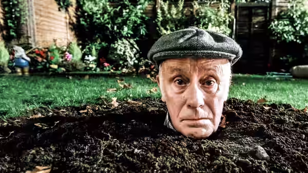 Victor Meldrew (Richard Wilson) peers from soil with only his head above ground