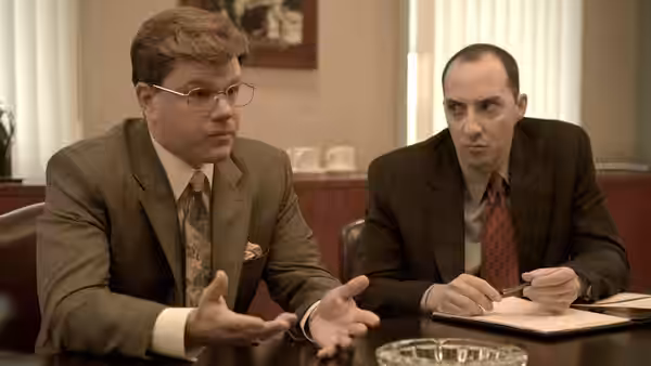 Mark Whitacre (Matt Damon) gesturing with both hands while seated at a table