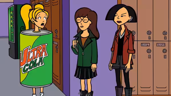 Quinn inside an Ultra Cola machine while Daria and Jane watch