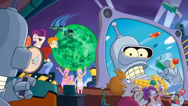 Bender at the window watching a green planet while the crew gathers inside