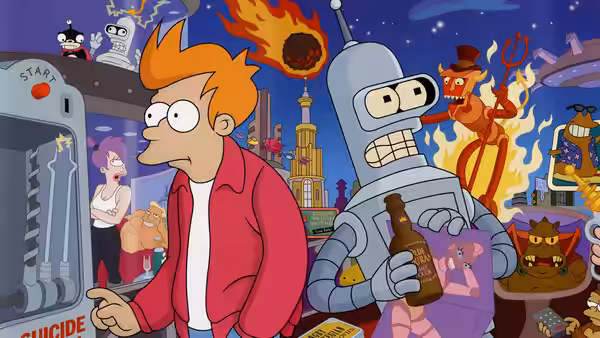 Fry pointing at a suicide booth as Bender holds a bottle in a chaotic arcade