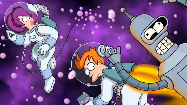 Leela floating in space as Bender grabs Fry with lit rocket boosters