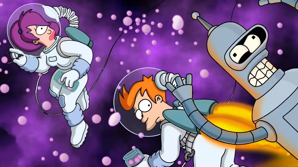 Leela floating in space as Bender grabs Fry with lit rocket boosters