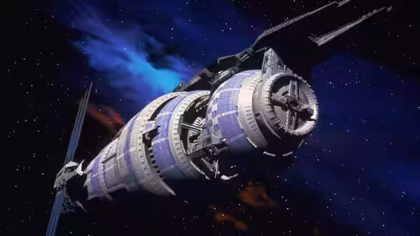 A large cylindrical space station rotates slowly against a starry nebula backdrop