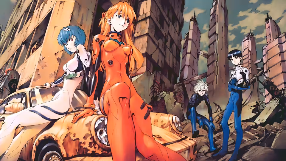 Asuka Langley Soryu and Rei Ayanami stand in a ruined city with two boys