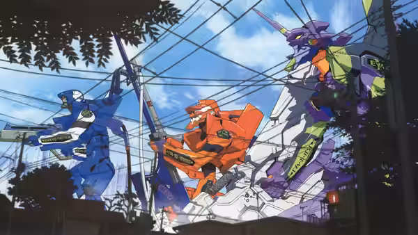 Three Evangelion units clash amid power lines and damaged buildings