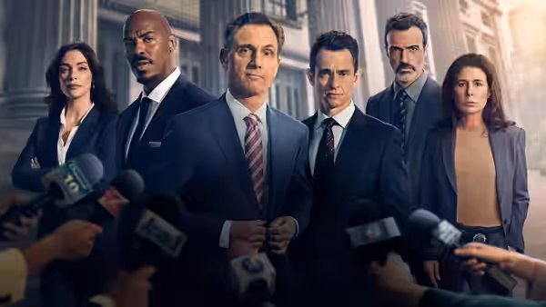 Group of suited professionals facing microphones outside a columned building