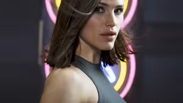 Woman with brown hair stands before glowing pink and yellow neon lights