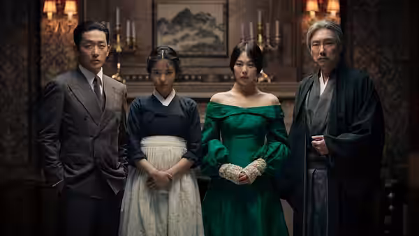 Count Fujiwara, Sook-hee, Lady Hideko and Uncle Kouzuki standing together indoors