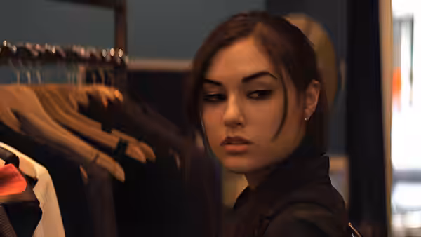 Chelsea (Sasha Grey) standing beside clothing racks in a store