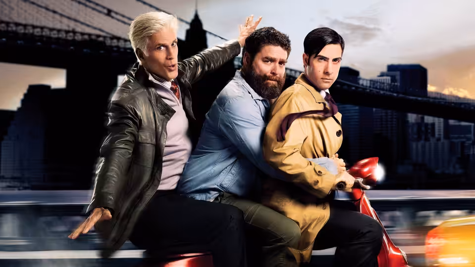 Jonathan Ames, Ray Hueston and George Christopher riding a red scooter through the city