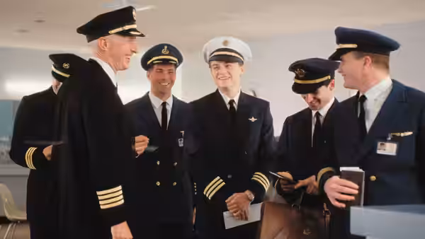 Frank Abagnale Jr. (Leonardo DiCaprio) smiling among fellow pilots in uniform