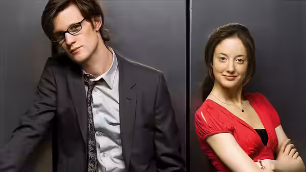 Danny Foster (Matt Smith) and Kirsty MacKenzie (Andrea Riseborough) leaning against a dark wall