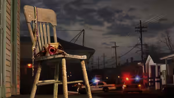 Beads and feathered hat resting on a wooden chair at night