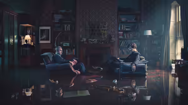 Sherlock Holmes (Benedict Cumberbatch) and Mycroft Holmes (Mark Gatiss) seated in a flooded study