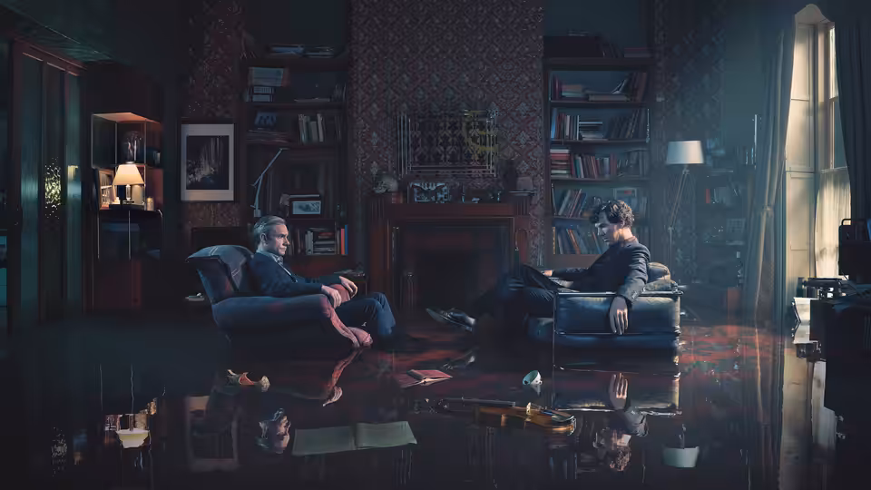 Sherlock Holmes (Benedict Cumberbatch) and Mycroft Holmes (Mark Gatiss) seated in a flooded study