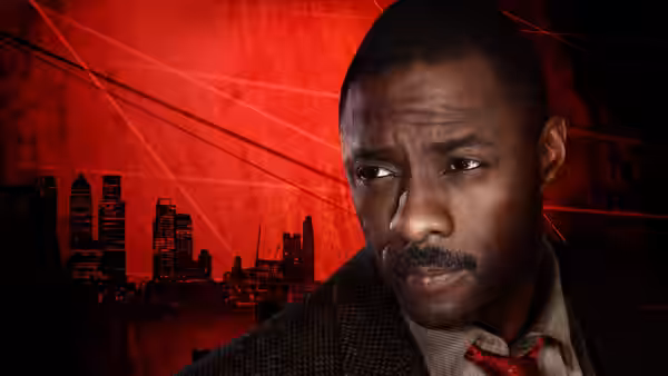 John Luther (Idris Elba) gazes aside against a red city skyline