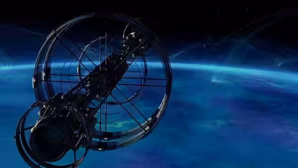 A large space station orbiting above the blue planet Earth