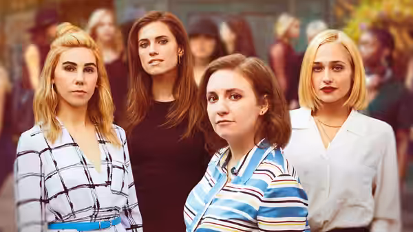 Shoshanna (Zosia Mamet), Marnie (Allison Williams), Hannah (Lena Dunham) and Jessa (Jemima Kirke) stand together outdoors