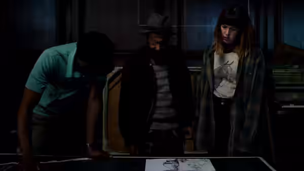 Three people standing around a table examining drawings in a dark room