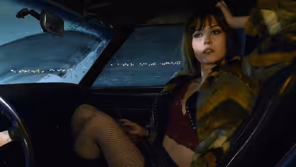 a woman in fishnet stockings and a fur coat inside a car