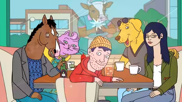 BoJack Horseman (Will Arnett) with friends at a diner table