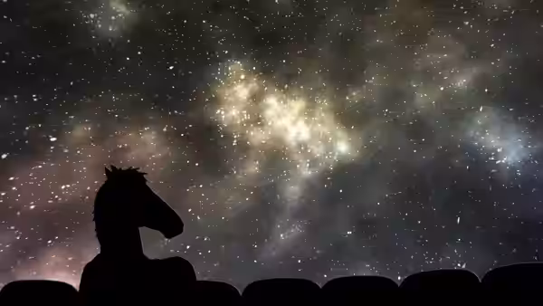 Silhouetted horse head seated before a starry night sky