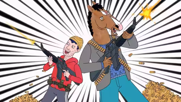 BoJack Horseman (Will Arnett) and Todd Chavez (Aaron Paul) firing guns