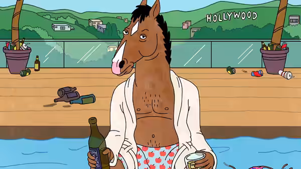 BoJack Horseman (Will Arnett) seated in a pool holding drinks