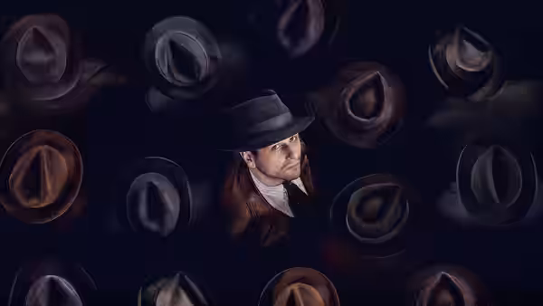 Perry Mason (Matthew Rhys) surrounded by floating hats in darkness