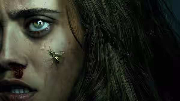 Close-up of a woman's face with a yellowjacket wasp on her cheek
