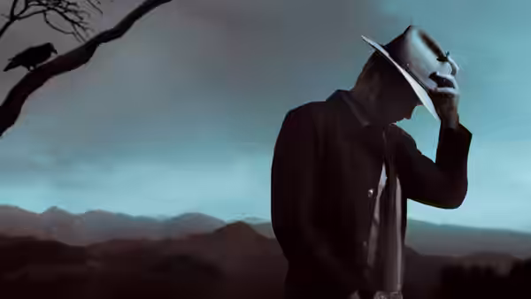 Raylan Givens (Timothy Olyphant) holding his hat in a mountainous landscape