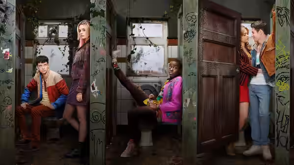 Students including Eric (Ncuti Gatwa) and Maeve gathered in a graffiti-covered bathroom