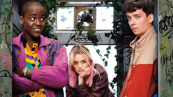 Eric (Ncuti Gatwa), Maeve (Emma Mackey) and Otis standing in a derelict bathroom