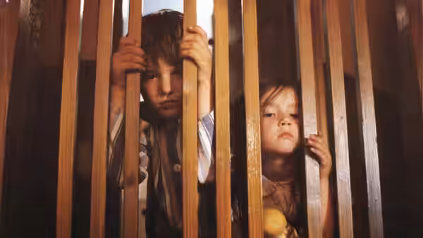 Two children peering through the slats of a wooden enclosure