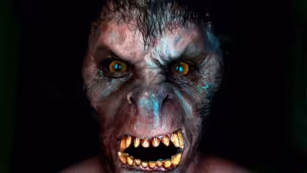Close-up of a snarling werewolf with yellow eyes and fangs