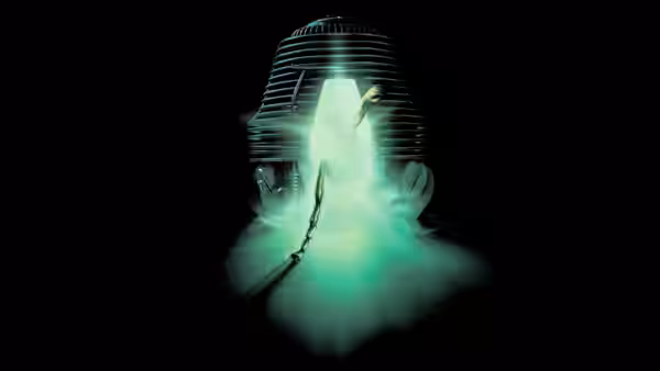 The empty teleportation pod glowing with bright green light