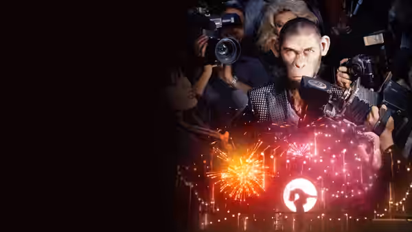 chimpanzee Robbie Williams posing amid photographers and fireworks