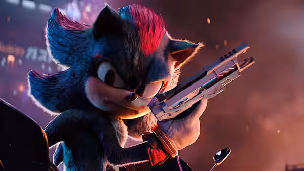 Shadow gripping a large handgun against a neon city backdrop