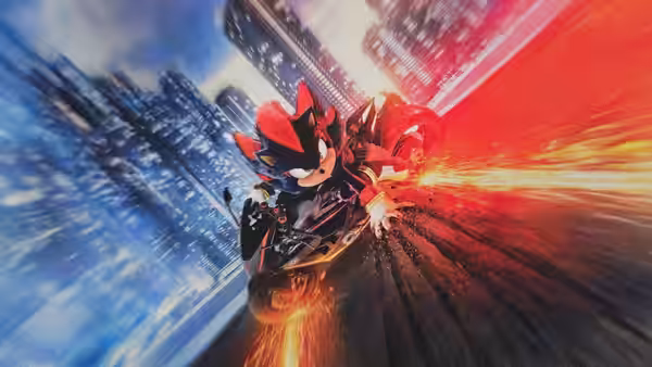 Shadow riding a flaming motorcycle at high speed through the city