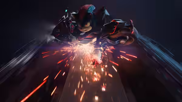 Shadow in powered armor flying forward amid sparks and light trails