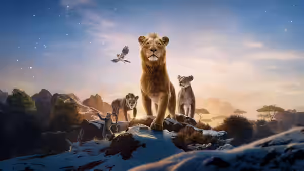 adult lion stands on rocky outcrop with companions under starry sky