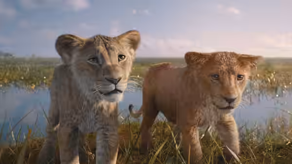two young lions standing alert beside a watering hole in grassland