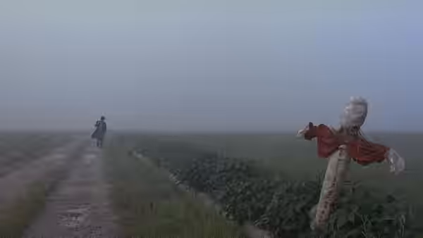 A person walking along a dirt path away from a scarecrow in fog